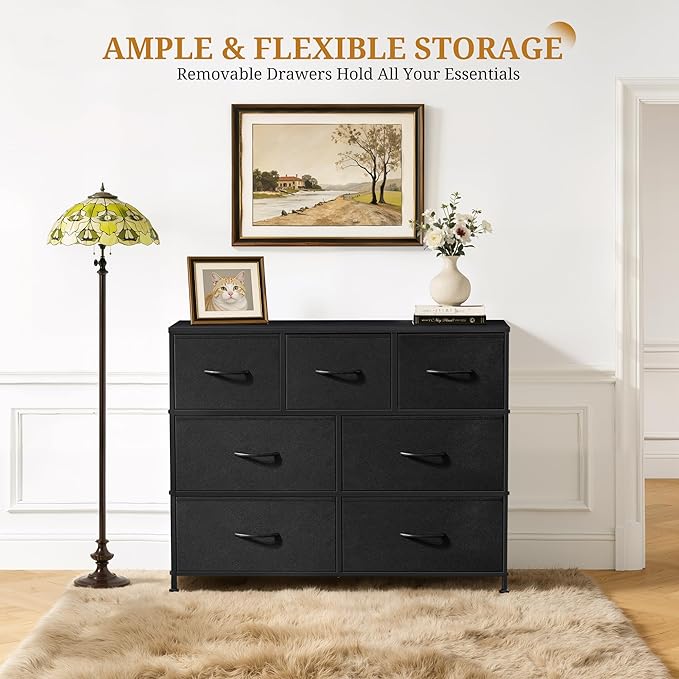 Dresser with 7 Drawers for Bedroom, Fabric Clothes Cabinet for Closet, Anti-Tip Storage Dresser with Metal Frame for Living Room, Entryway, Dorm, Black