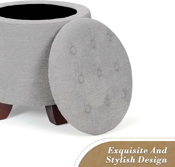 Athena Collection 15 Inch Small Ottoman with Storage, Round Linen Fabric Storage Ottoman Foot Rest with Removable Lid, Multipurpose Footstool Footrest for Living Room, Bedroom, Dorm, Grey