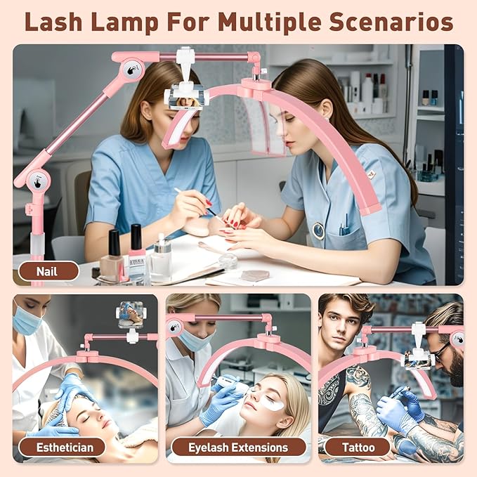 HITTI Half Moon Light for Eyelash Extensions Tattoo Artists, 2026 UpgradeLED Lash Tech Light with 4 Wheel Rolling Base, Large Floor Lamp 3 Color Modes, Adjustable Brightness & Phone Holder-Pink