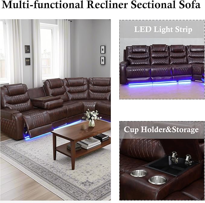 Air Leather Recliner Sectional Sofa Set, Power Reclining Sectional Couch for Living Room, L Shaped Recliner Corner Couch and Single Chair with LED Lighting, USB Port&Storage (Dark Red)
