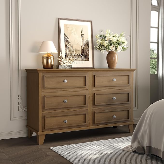 IDEALHOUSE 6 Drawer Dresser, Wooden Storage Chest of Drawers with Exquisite Metal Handles, Large Wide Dresser TV Stand, Modern Drawer Organizer for Bedroom, Living Room, Hallway, Entryway, Brown