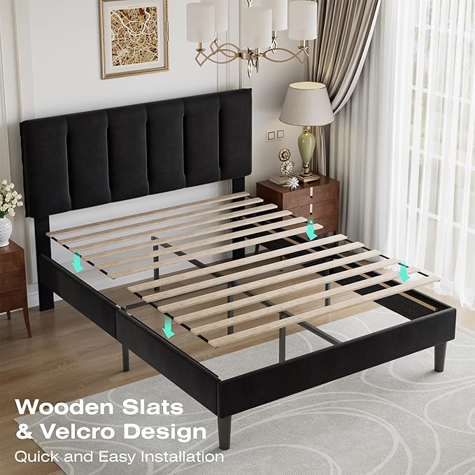 VECELO Full Bed Frame with Upholstered Headboard, Heavy-Duty Platform Bedframe with Strong Wooden Slats Support, No Boxing Spring Needed, Velvet & Black