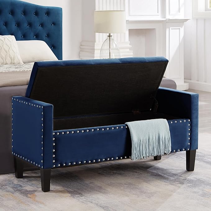Velvet Storage Ottoman with Armrests, Upholstered Button Tufted Entryway Bench with Nails Trim for Bedroom End of Bed, Living Room,Navy