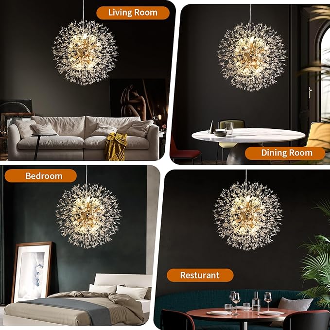 Crystal Chandelier, Firework Modern Beaded Chandeliers, Dandelion Gold Pendant Lamp, Hanging Lighting Fixture for Bedroom, Dining Room, Kitchen, Farmhouse, Hallway, Foyer, 22" Gold 12 Lights