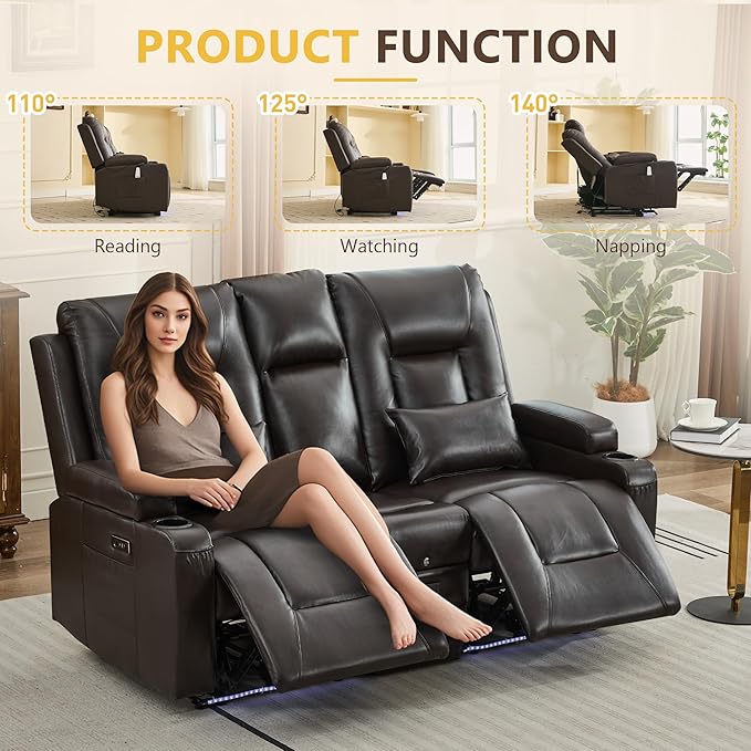 URRED Power Loveseat Recliner Sofa with Console, Wall Hugger Reclining Loveseat RV Couch with LED Light, 150° Zero Gravity Recliners Modular Couches for Living Room (Glossy Brown, 68.1'' - 2 Seats)
