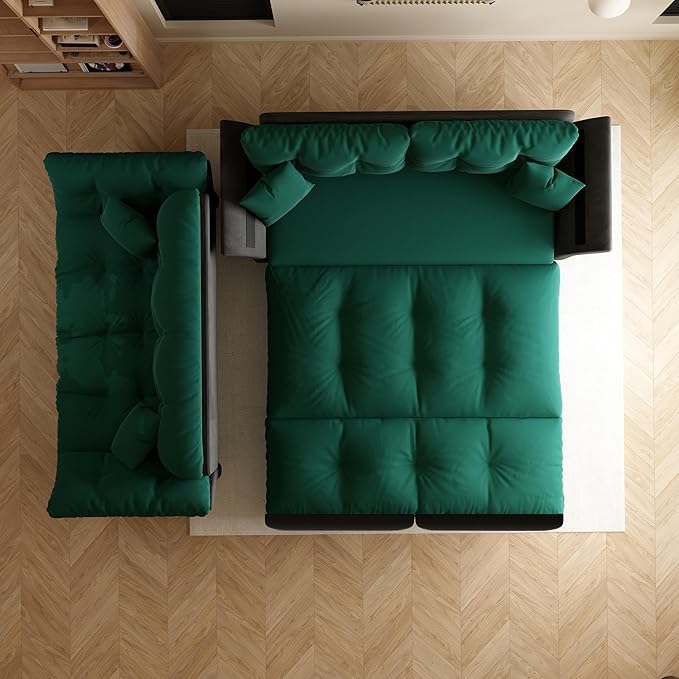 Eafurn 3-in-1 Convertible Sofa Bed Queen Size Pull Out Sleeper Sofa with Skin-Friendly Velvet Fabric, Multi-Functional Loveseat with Pillow Armrest for Guest Room & Living Room