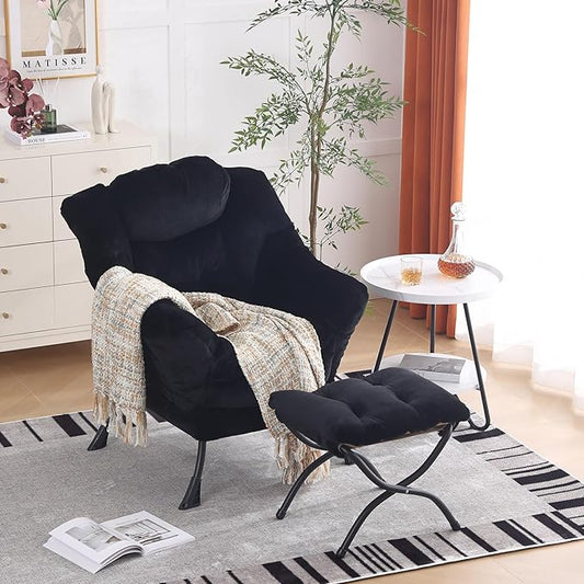 Lazy Chair with Ottoman, Modern Chair with Folding Footrest, Plush Black Accent Chair, Comfortable Reading Chair, Oversized Armchairs for Bedroom, Study, Living Room, Courtyard