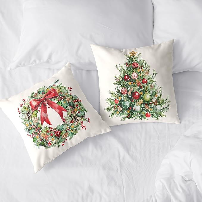 Set of 2 Christmas Tree Pillow Covers Xmas Wreath Throw Pillow Covers Red and Green Decorative Pillow Case 18x18 Winter Holiday Cushion Case for Home Decor Couch Sofa