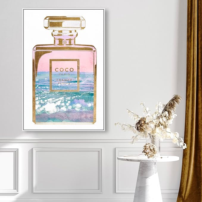 The Oliver Gal Artist Co. Fashion and Glam Wall Art Canvas Prints Blush Ocean Spray Perfume Home Décor, 30" x 45", White Floating Frame