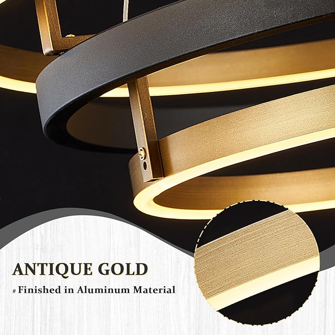 Modern Brass Chandelier for Living Room LED 3-Ring Dimmabel Chandelier Black & Gold Light Fixture Round Entry Foyer Chandeliers Lighting for Dining Room Bedroom Office 24in