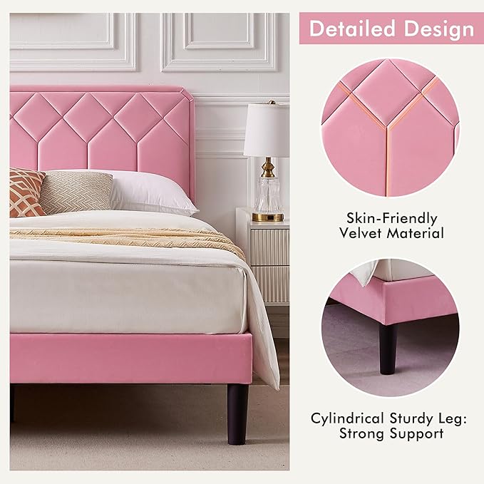 VECELO Queen Size Bed Frame Premium Velvet Upholstered Platform with Height Adjustable Headboard/Mattress Foundation, Solid Wooden Slat Support, No Box Spring Needed/Easy Assembly