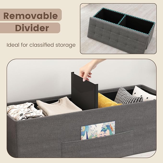 Giantex Storage Ottoman Bench, 43"L Folding Foot Rest Storage Chest with Side Pocket, Divider, Padded Seat Shoe Bench for Living Room Bedroom Hallway Entryway End of Bed (Dark Gray)