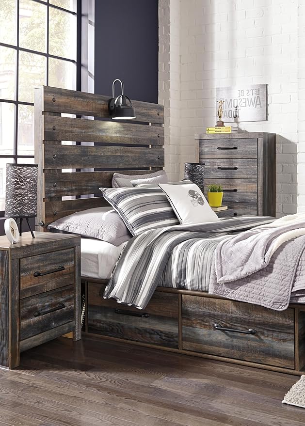 Signature Design by Ashley Drystan Rustic Full Panel Platform Bed with 2 Storage Drawers, Open Cubbies, Sconce LED Light and USB Ports, Foundation or Box Spring Not Needed, Dark Brown & Gray