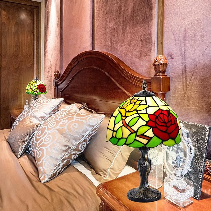 MIAOKE Stained Glass Table Lamp,Stained Glass Crystal Bead Style Table Light,Handmade Desk Bedside Night Light,Antique Art Craft Gifts Lover Living Room Bedroom Bookcase (A Rose)