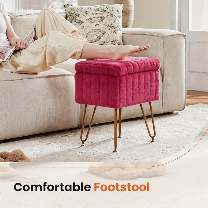 DUMOS Vanity Stool Chair, Ottoman with Storage, Makeup Cute Soft Small Footstool, Modern Style Faux Fur Seat with 4 Metal Legs & Adjustable Feet for Dressing, Living Room, Bedroom, Dorm, Red