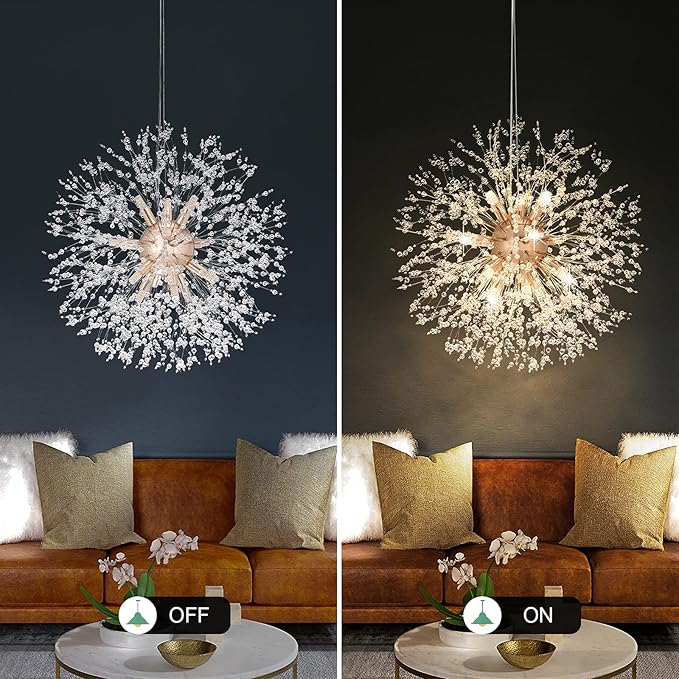 SineRise Modern Crystal Chandeliers Firework, Crystal Light Fixture, Dandelion Chandelier (12-Light, Gold) for Foyer Hallway Entryway Kitchen Bedroom