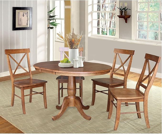 IC INTERNATIONAL CONCEPTS 36" Solid Wood Round Extension Dining Table with 4 Chairs in Oak