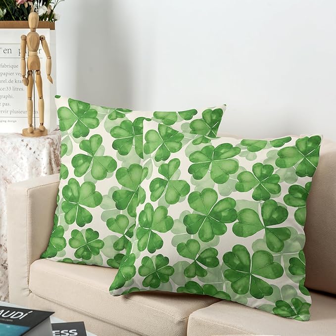Saint Patricks Day Pillow Covers 18x18 Green Clover Pillow Case Set of 2 Lucky Charm Throw Pillow Covers St Patricks Cotton Blend Cushion Case for Living Room Sofa Couch