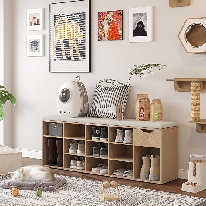 DINZI LVJ Shoe Bench, Entryway Storage Bench with Drawer and 14 Cubbies, Long Cubby Shoe Rack with Adjustable Shelves, Shoe Organizer for Living Room, Bedroom, Mudroom, Garage, Natural