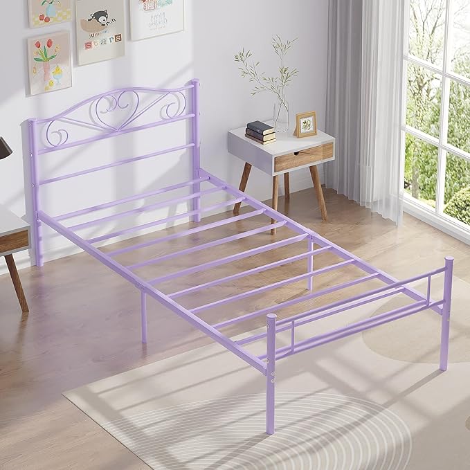 VECELO 14 Inch Twin Size Metal Platform Bed Frame with Headboard and Footboard, Heavy Duty Mattress Foundation with Steel Slats Support, No Box Spring Needed, Purple