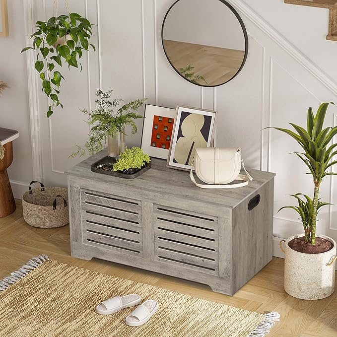 DINZI LVJ Storage Chest, 43.3” Wooden Toy Box with 2 Safety Hinges, Retro Entryway Shoe Storage Bench with Flip-Top, Sturdy Large Storage Trunk for Living Room, Bedroom, Easy Assembly, Gray Wash