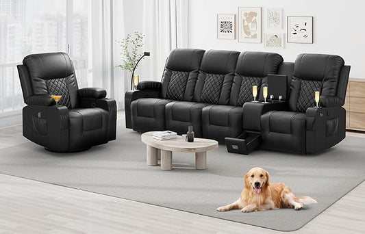 YONISEE Modern Reclining Sofa Set - 4 Seat Sofa & 1 Swivel Recliner Chair with Heat & Massage for Living Room