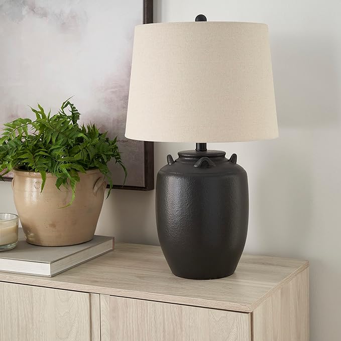 Nourison Home 24" Black Farmhouse Ceramic Pottery Jug Table Lamp for Bedside Table, Living Room, Office, Entryway