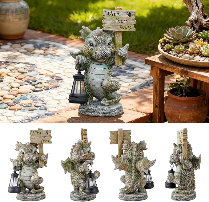 Solar Dragon Garden Statue with Lantern, Resin Outdoor Yard Decor Figurine, Waterproof Solar Powered Light for Patio, Lawn, Walkway & Front Porch (Dragon)