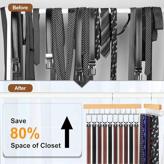 TOPIA HANGER 2 in 1 Belt Tie Hanger for Closet Max 30 Belts with 30 Ties Capacity, 20 Hooks Belt Tie Racks Wooden Hanger for Closet Organizer Storage Space Saving “U” Fit Belt and “一” Fit Tie - CT47N