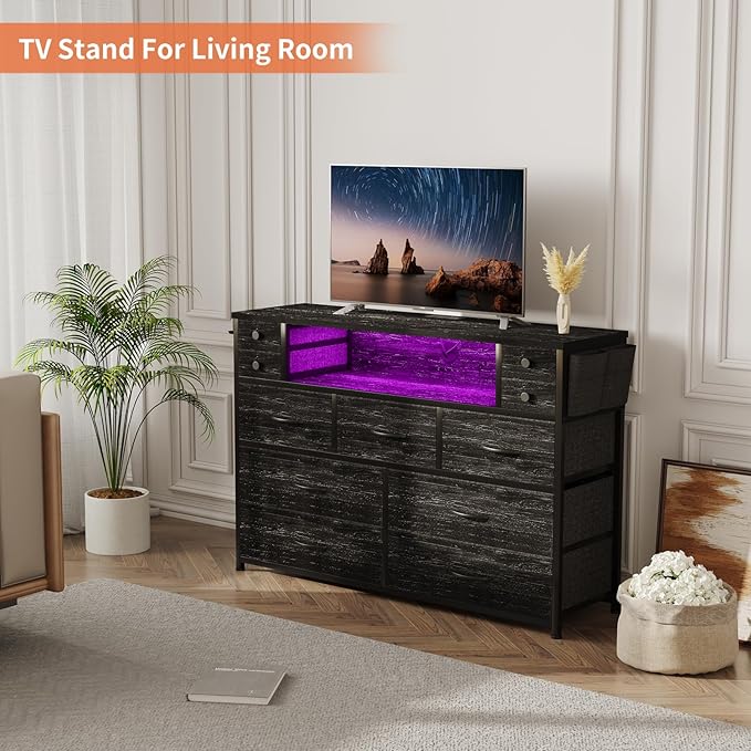 Dresser TV Stand with Power Outlets and LED Lights for 55'' TV, 11 Drawers Dresser with Side Pocket, Fabric Chest of Drawers with PU Finish, Sturdy Frame & Wood Top (Charcoal Black)
