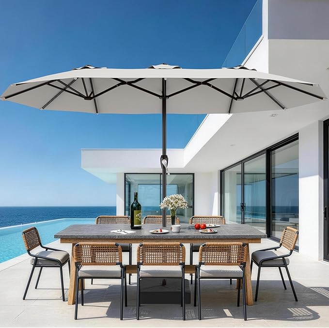 AreShark 15FT Outdoor Patio Umbrella with Crank, Large Rectangular Market Umbrella, Double-Sided Outdoor Umbrellas with Cross Base & Sandbag for Porch, Lawn, Pool, Backyard, Light Gray