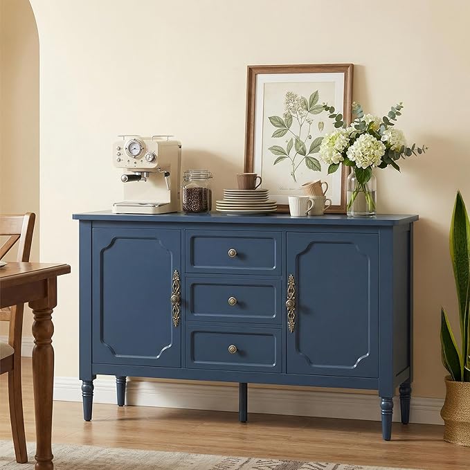 RoyalCraft Buffet Cabinet with 3 Drawers & 2 Doors, Vintage Sideboard with Storage, Mid Century Modern Painted Coffee Bar Table for Entryway, Living Room, Dining Room, Blue