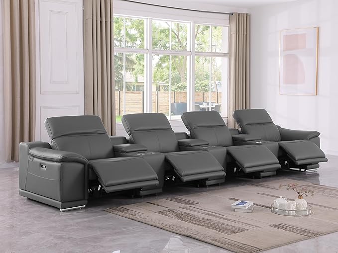 BlackJack Furniture Venice Top Grain Italian Leather Power Recline 7 Piece 4 Seater Sofa - 175" Theater Seating Modern Couch for Living Room Lounge with Adjustable Headrests & USB Port, Dark Grey
