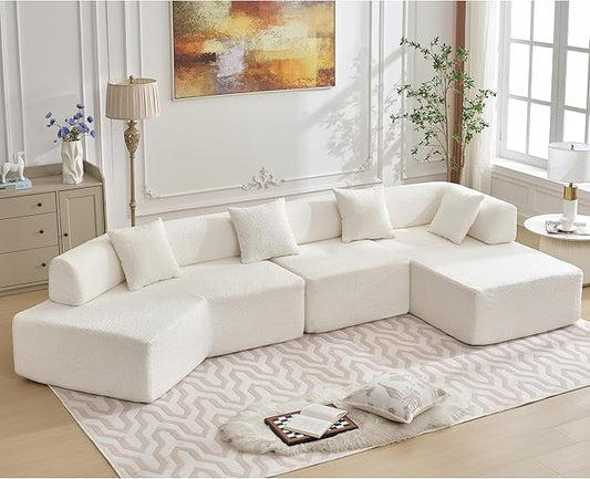 140" L-Shape Couch,Modern Minimalist Sleeper Sofa,Modular Sectional Couches with Chaise,Free Combination Foam-Filled Furniture,4 Seats Corner Chair for Dorm,Apartment,Studio,Office,Beige