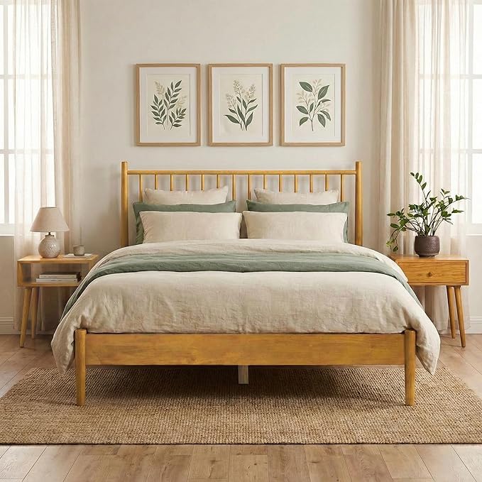 NTC Inno Wooden Bed Frame with Headboard, Solid Oak and Rubber Wood Foundation with Silent Slats and Wood Central Supports, 1000 Lb Capacity, Effortless Assembly, King - Rustic Oak