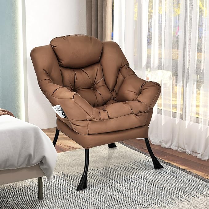 GORELAX Modern Lazy Chair,Upholstered Lounge Accent Chair, Single Leisure Sofa Chair with Armrests & Side Pocket, Comfy Reading Chair for Bedroom, Living Room, Dorm Room (Brown)