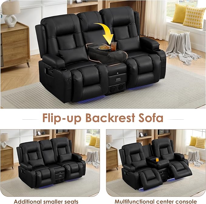 TUNYI Wall Hugger Loveseat Recliner Sofa with Console, Power Reclining Loveseat RV Couch with Massage & Heat/USB/Outlet/Storage/LED Light/Speaker (Black)