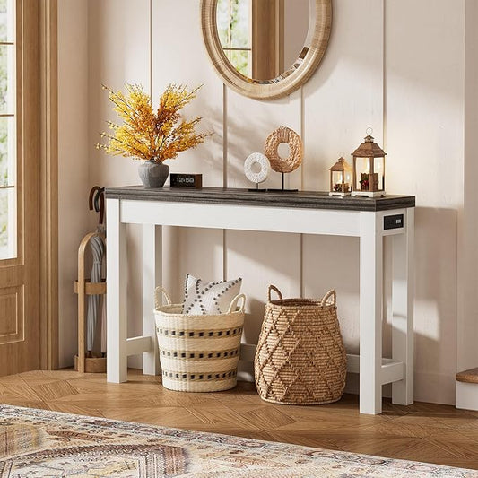 Cyclysio 47" Console Tables for Entryway, Narrow Console Tables for Living Room, Behind Couch Table, Sturdy Wood Support Hallway Table with 3AC+2USB Charging‌ Station, Oak