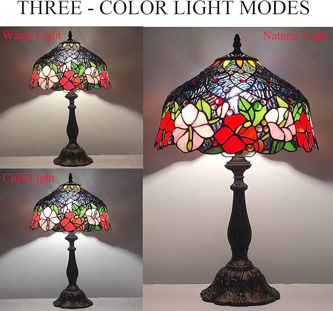 Tiffany Lamp Stained Glass Table Lamp Tiffany Style 3-Way Vintage Beside Reading Light 12 inch Flowers Style Antique Nightstand Light (Red Pink Flowers)