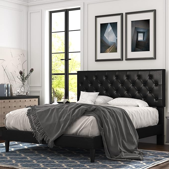 Allewie Queen Size Platform Bed Frame, Adjustable Faux Leather Headboard with Diamond Stitch and Button Tufted, Sturdy Wood Slats, Easy-Assembly, No Box Spring Needed, Deep Black