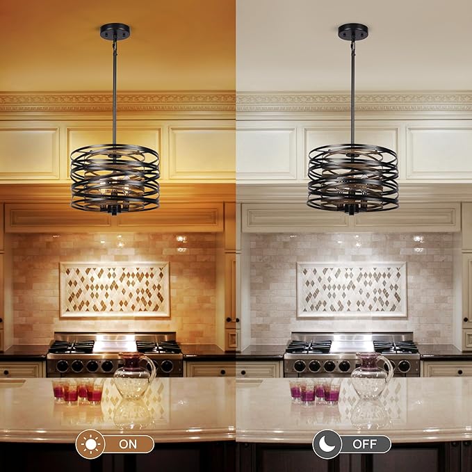 3-Light Dining Room Chandelier，12.6" Rustic Black Drum Chandeliers，Wood Grain and Vintage Light Fixture for Kitchen Entryway Living Room
