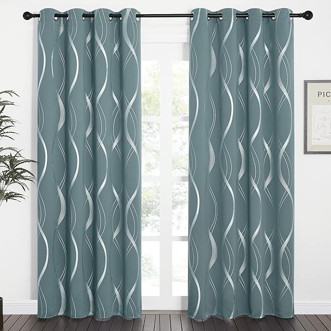 NICETOWN Blackout Curtains Panels for Living Room, Greyish Blue, 52" Wide x 84" Long, 2 Panels, Sound Reducing Thermal Insulated Wave Line Foil Print Design Curtains for Patio Sliding Glass Door
