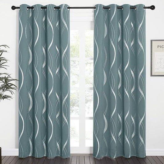 NICETOWN Blackout Curtains Panels for Living Room, Greyish Blue, 52" Wide x 84" Long, 2 Panels, Sound Reducing Thermal Insulated Wave Line Foil Print Design Curtains for Patio Sliding Glass Door