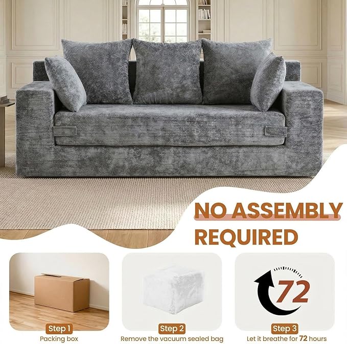 Convertible Sofa Bed, 5 in 1 Small Boneless Couch Pull Out Loveseat Sleeper Sofa,Corduroy Futon Couch Folding Mattress with 4 Pillows for Living Room Bedroom Lounge (Light Gray, 3 Seater)