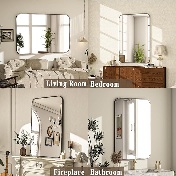 20x28 Inch Bathroom Mirror - Wall Mounted Vanity Mirror with Round Corner Aluminum Alloy Frame, Hanging Horizontally Vertically for Living Room, Bedroom, Hallway as Home Decor,Black