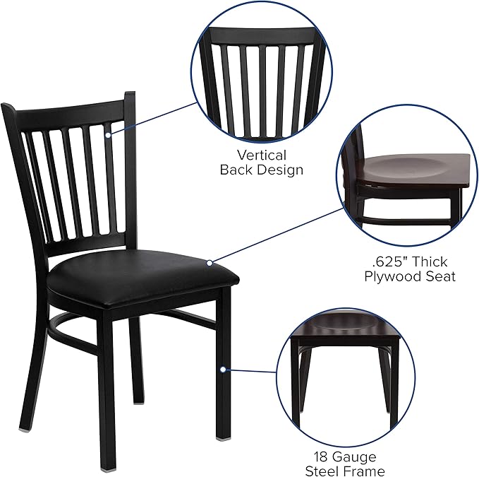 Flash Furniture HERCULES Series Black Vertical Back Metal Restaurant Chair - Walnut Wood Seat