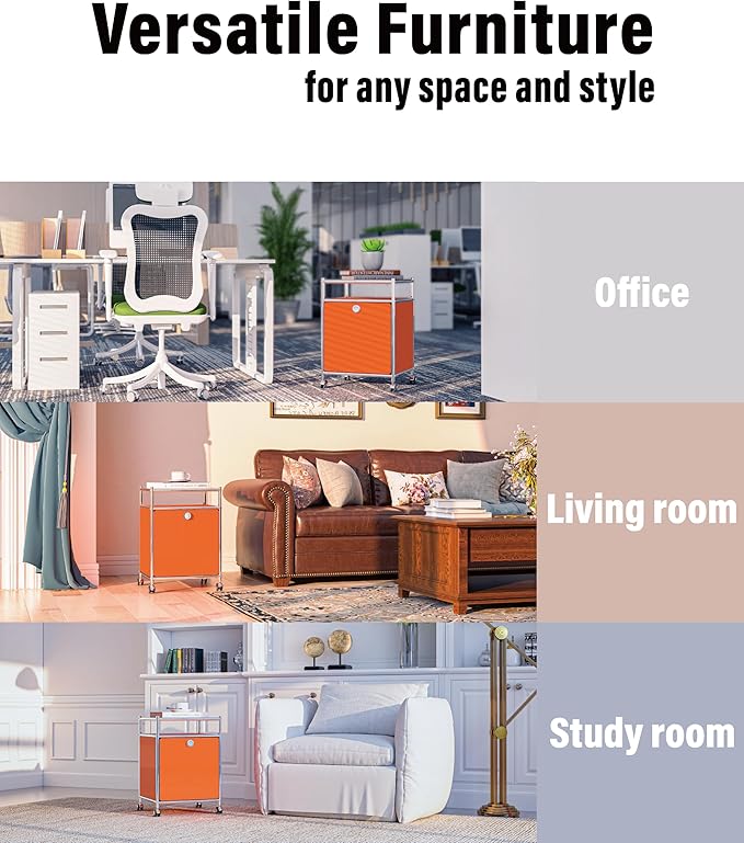 Elegant Matte Storage Cart with 22.8" Height - Perfect Side Table, Night Stand - Large Capacity with Flap Door, Detachable Wheels - Ideal for Home, Office, Bedroom, Kitchen (Orange)
