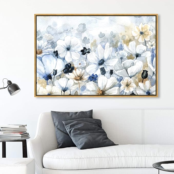 The Oliver Gal Artist Co. Floral and Botanical Wall Art Framed Canvas Prints 'Fields Flowers Home Décor, 45" x 30", Blue, White