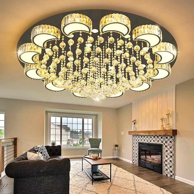 47'' Black Modern Crystal Chandeliers for Dining Room LED Dimmable Light Fixtures Flush Mount Light Living Room Bedrooms