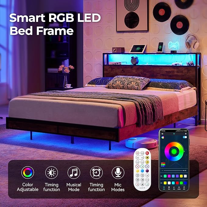 BedsPick Full Bed Frame with 2-Tier Storage Headboard, Metal Platform Full Size Bed Frame with Smart LED Lights & USB Charging Station, Noise-Free/Metal Support/No Box Spring Needed, Brown